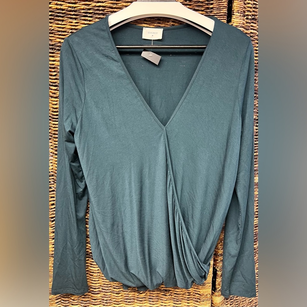 Everly - Teal Green 3/4 Sleeve Wrap Blouse-Ava, Large, New with tags